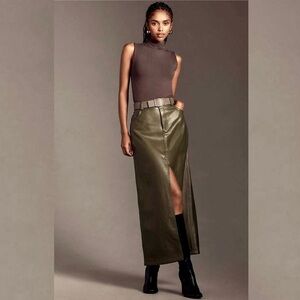 ANTHROPOLOGIE The Madi Faux Leather Front-Slit Denim Skirt by Pilcro